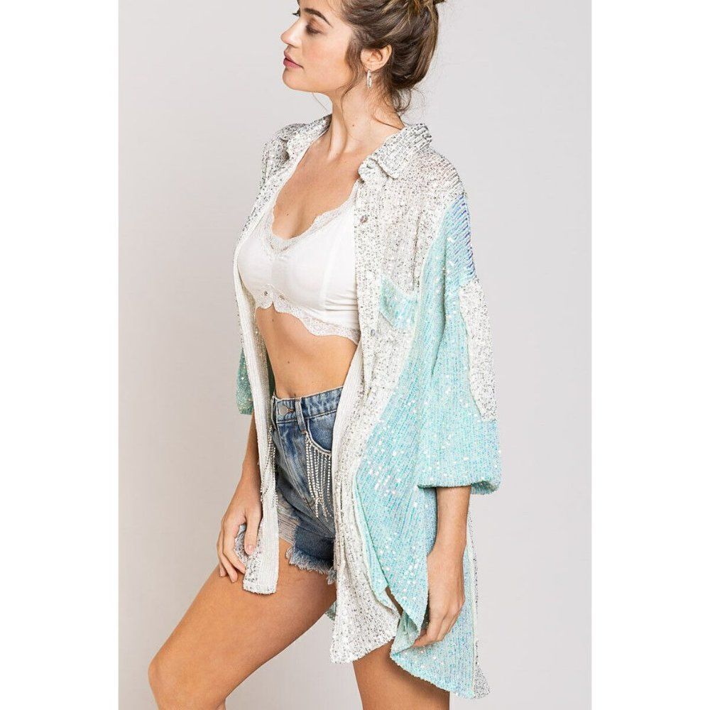 SALE! POL CLOTHING Sequin Block Sleeve Button Up Top in White and Aqua SMT2045 - Picture 6 of 7